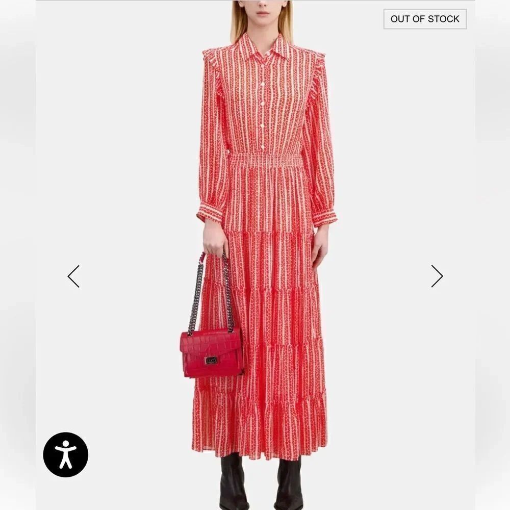 The Kooples RED AND WHITE FLORAL PRINT LONG DRESS WITH RUFFLES NWT